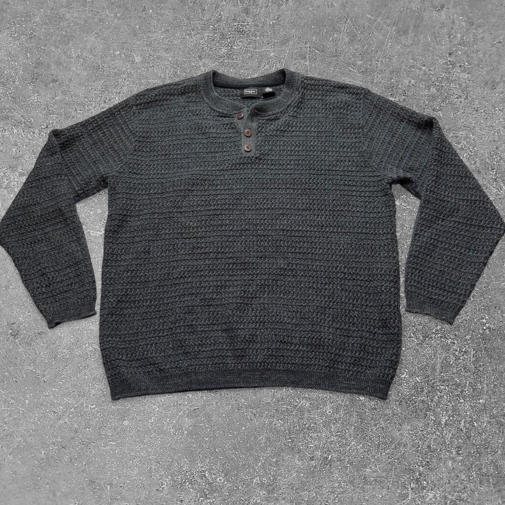 Haggar Gray Knit Sweater Mens XL Henley Button Up Long Sleeve Textured